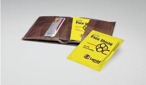 The Laerdal Face Shield with filter in a convenient wallet-size package