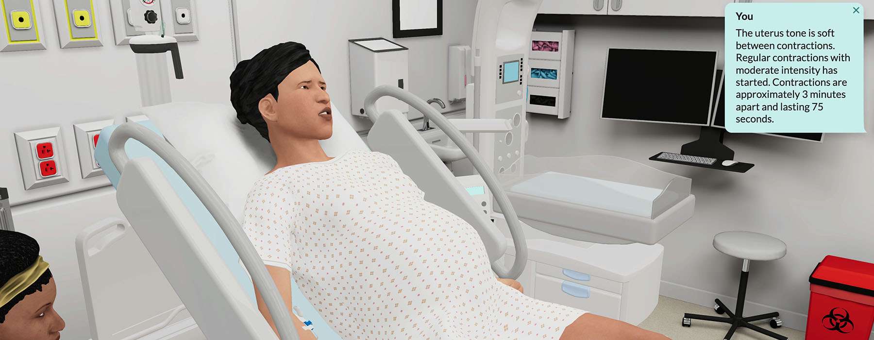 A digital simulation interface showing a virtual pregnant patient with real-time clinical data and contraction status for obstetric training.