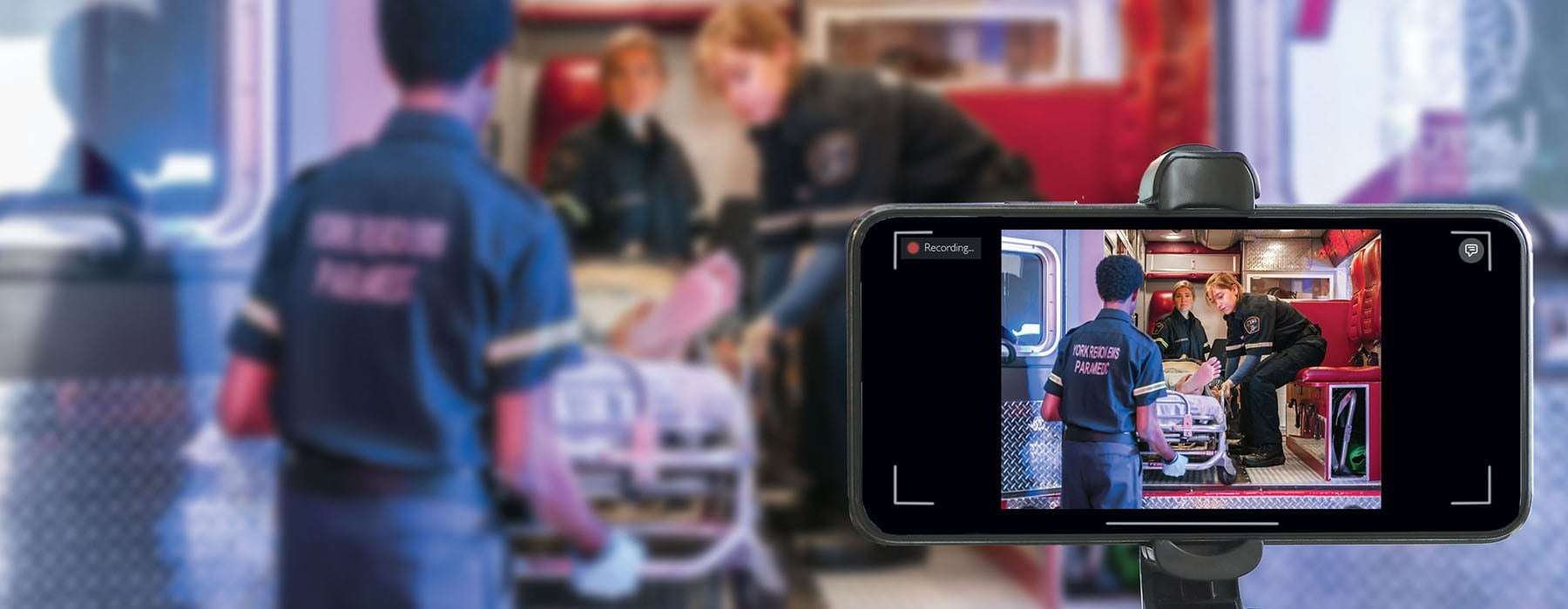 EMS training in ambulance being recorded on SimCapture Mobile Camera app