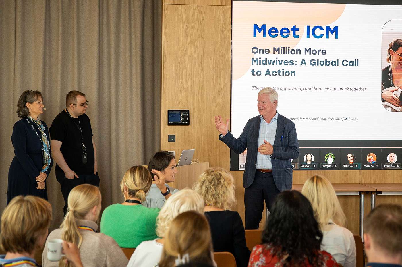 Laerdal Global Health Founder Tore Lærdal introudces ICM's CEO Anna af Ugglas during a presentation with Laerdal Global Health staff in Stavanger, Norway.