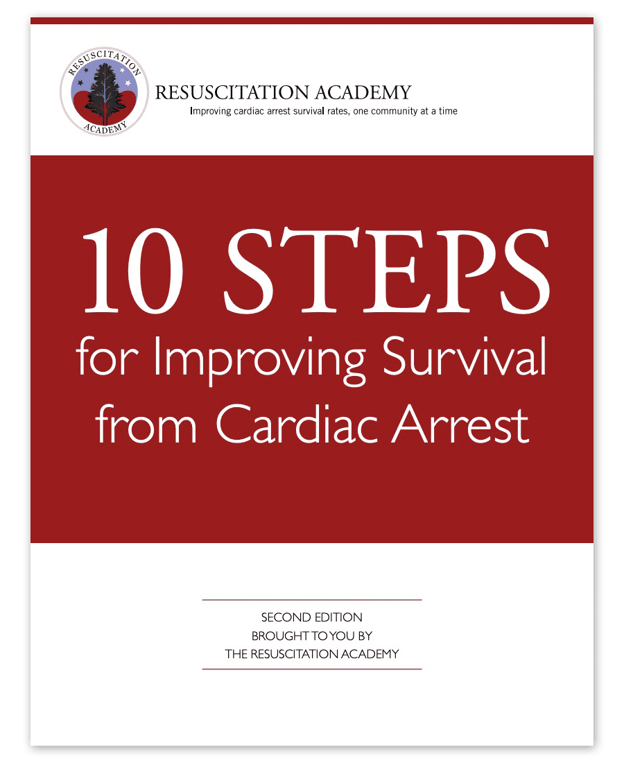 Book cover for Resuscitation Academy titled “10 Steps for Improving Survival from Cardiac Arrest,” second edition, with a red and white design.