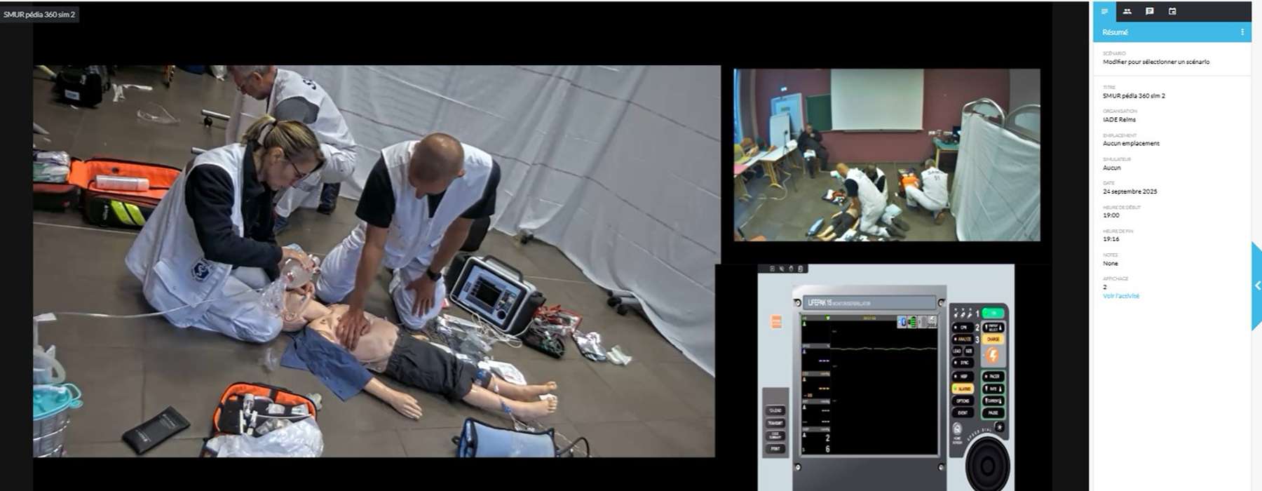 SimCapture App screenshot showing an image of two medically trained people working on a child manikin, as well as two smaller images, one of an appliance, and another of a simulation training session.