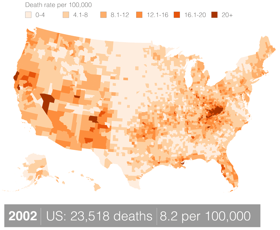 The map shows deaths per 100,000 by U.S. county for all drug overdose deaths Deaths from drug poisoning 2002 to 2014