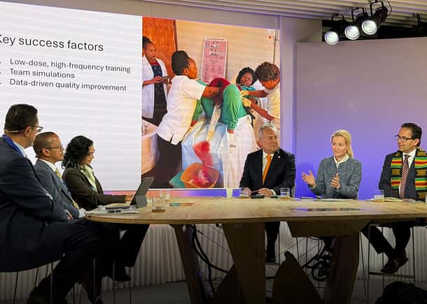Ingrid Laerdal speaks during a World Health Assembly event